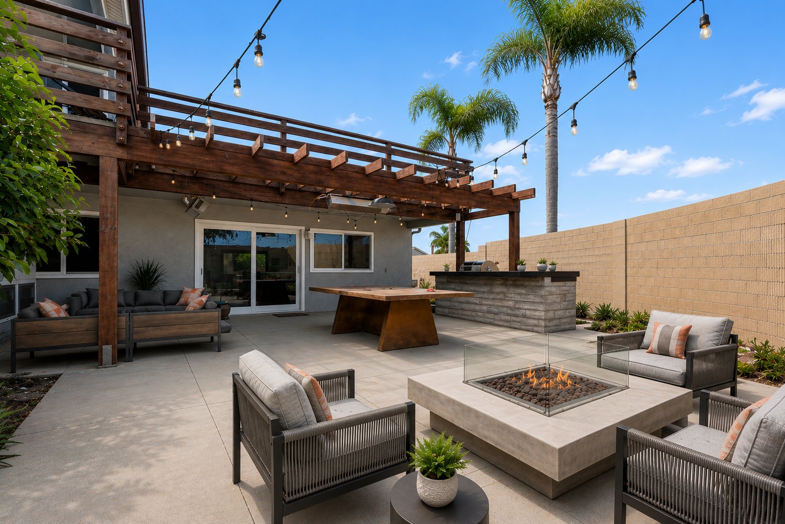 The fire pit patio at Tidal Forge Recovery in Huntington Beach — opening August 17th, 2026
